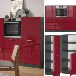 Küchenblock R-Line Rot Hochglanz/Anthrazit 180 cm ohne Arbeitsplatte Vicco