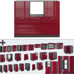 Küchenblock R-Line Rot Hochglanz/Anthrazit 180 cm ohne Arbeitsplatte Vicco