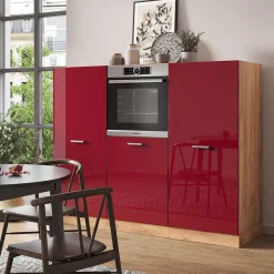 Küchenblock R-Line Rot Hochglanz/Goldkraft Eiche 180 cm ohne Arbeitsplatte Vicco