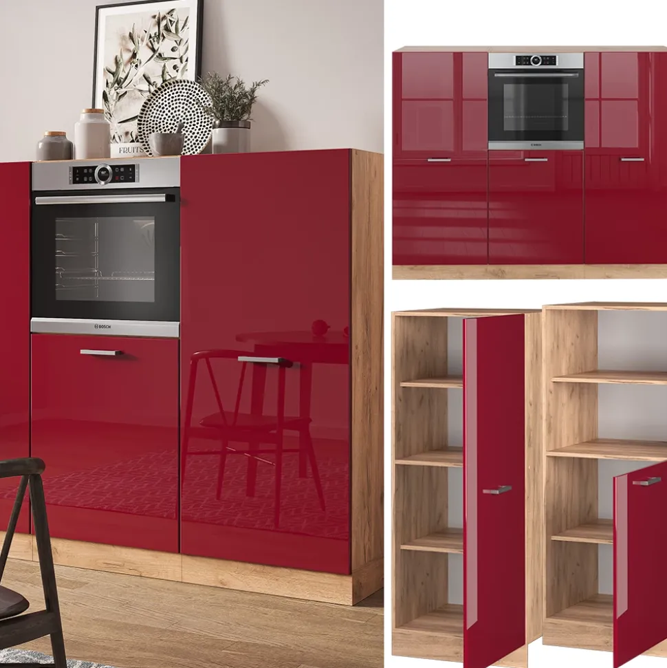 Küchenblock R-Line Rot Hochglanz/Goldkraft Eiche 180 cm ohne Arbeitsplatte Vicco