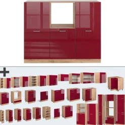 Küchenblock R-Line Rot Hochglanz/Goldkraft Eiche 180 cm ohne Arbeitsplatte Vicco