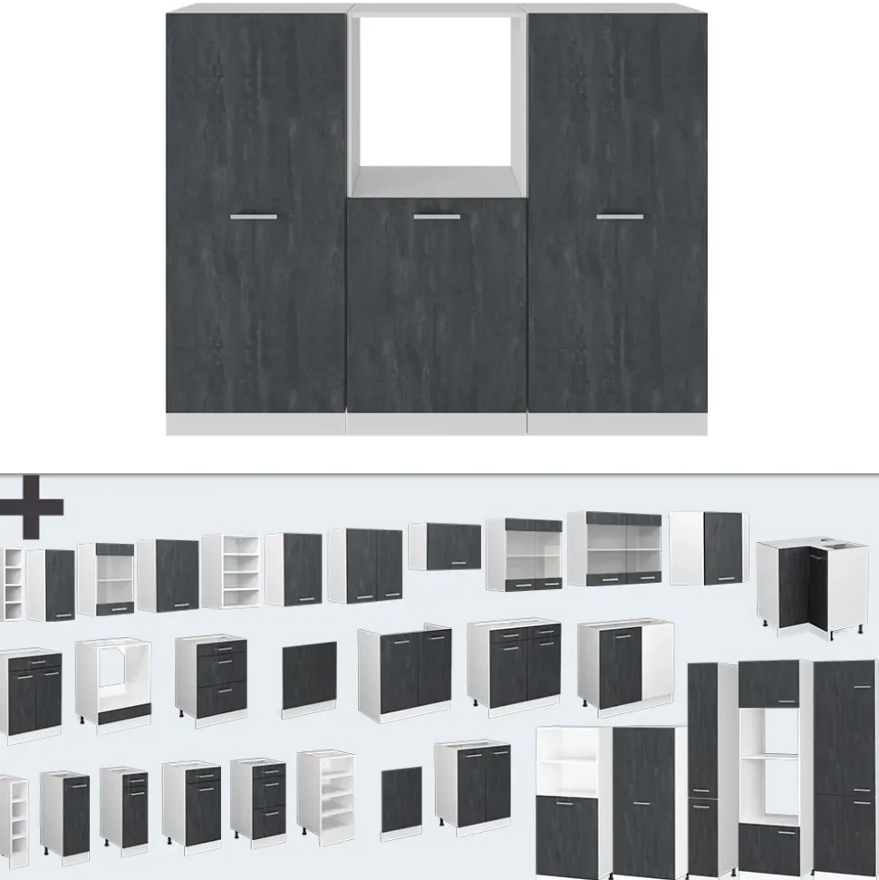 Küchenblock R-Line Schwarz Beton/Weiß 180 cm ohne Arbeitsplatte Vicco