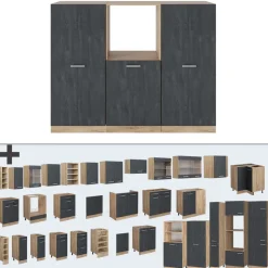 Küchenblock R-Line Schwarz Beton/Goldkraft Eiche 180 cm ohne Arbeitsplatte Vicco