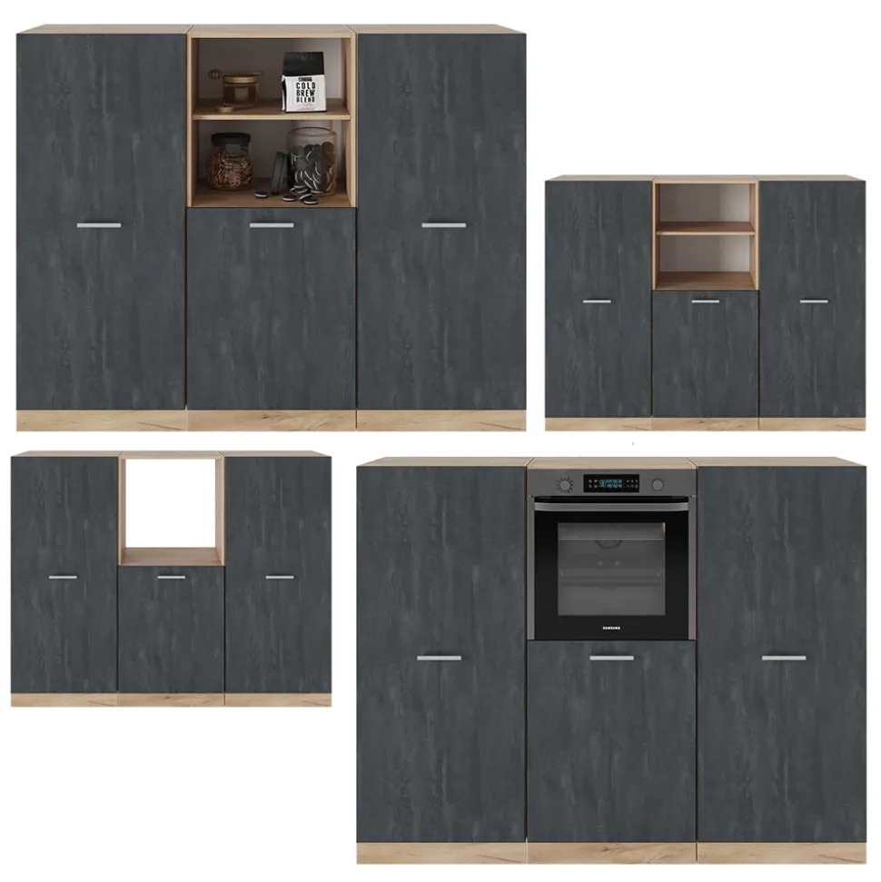 Küchenblock R-Line Schwarz Beton/Goldkraft Eiche 180 cm ohne Arbeitsplatte Vicco