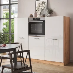 Küchenblock R-Line Weiß Hochglanz/Goldkraft Eiche 180 cm ohne Arbeitsplatte Vicco