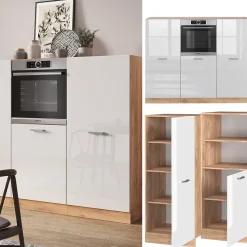 Küchenblock R-Line Weiß Hochglanz/Goldkraft Eiche 180 cm ohne Arbeitsplatte Vicco