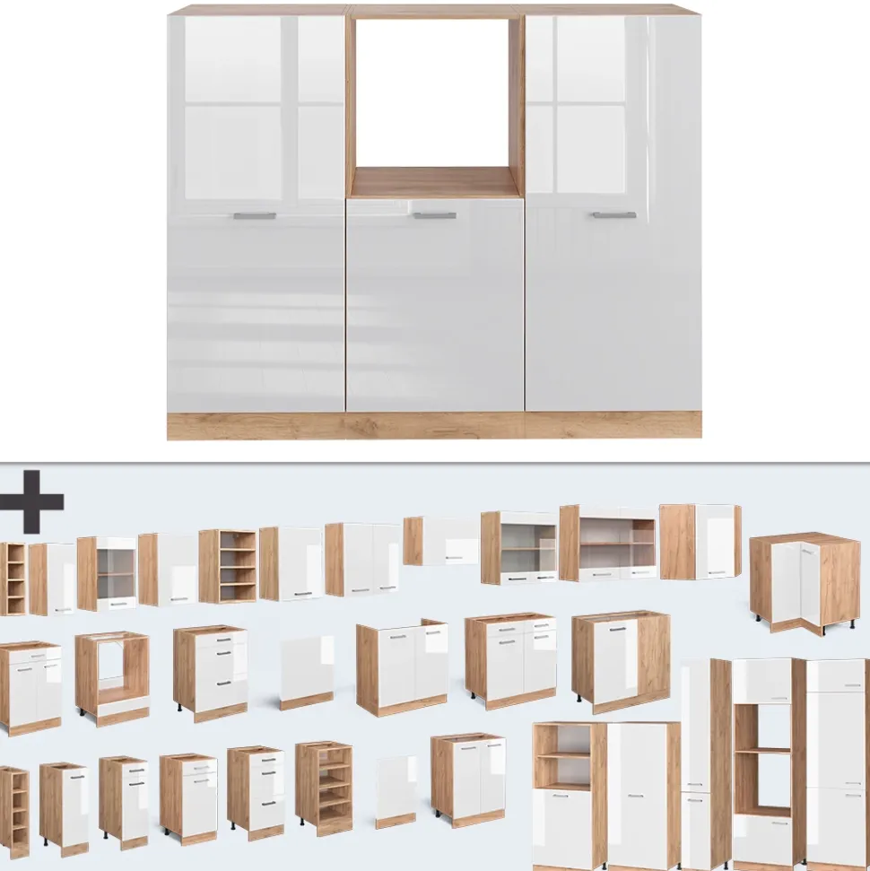 Küchenblock R-Line Weiß Hochglanz/Goldkraft Eiche 180 cm ohne Arbeitsplatte Vicco