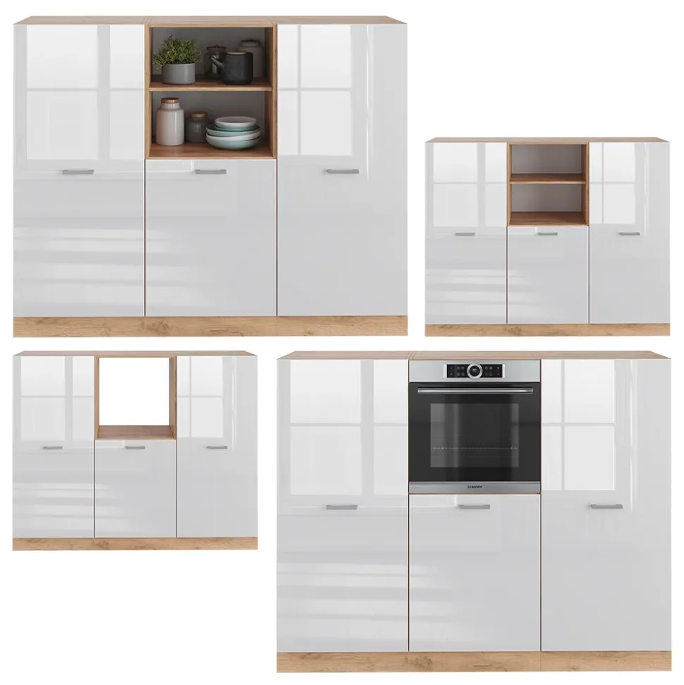 Küchenblock R-Line Weiß Hochglanz/Goldkraft Eiche 180 cm ohne Arbeitsplatte Vicco