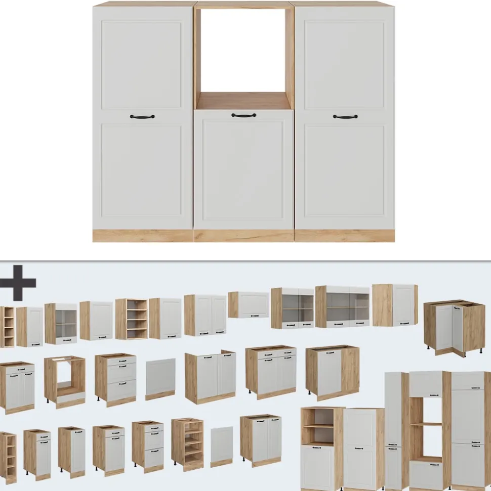 Küchenblock R-Line Weiß Landhaus/Goldkraft Eiche 180 cm ohne Arbeitsplatte Vicco