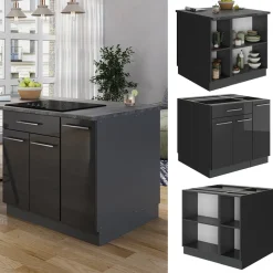 Kücheninsel Fame-Line Anthrazit Hochglanz 90 cm ohne Arbeitsplatte Vicco