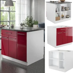 Kücheninsel Fame-Line Bordeaux Hochglanz/Weiß 90 cm mit Schublade, ohne Arbeitsplatte Vicco
