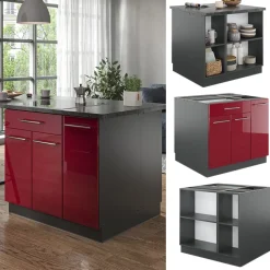 Kücheninsel Fame-Line Bordeaux Hochglanz/Anthrazit 90 cm mit Schublade, ohne Arbeitsplatte Vicco