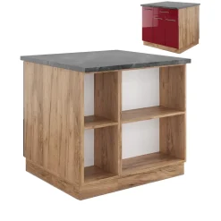 Kücheninsel Fame-Line Bordeaux Hochglanz/Goldkraft Eiche 90 cm mit Schublade, ohne Arbeitsplatte Vicco