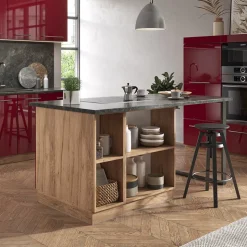 Kücheninsel Fame-Line Bordeaux Hochglanz/Goldkraft Eiche 90 cm mit Schublade, ohne Arbeitsplatte Vicco