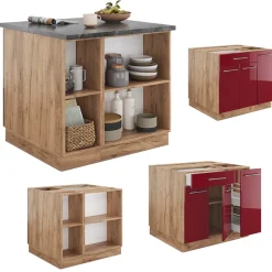 Kücheninsel Fame-Line Bordeaux Hochglanz/Goldkraft Eiche 90 cm mit Schublade, ohne Arbeitsplatte Vicco
