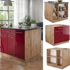 Kücheninsel Fame-Line Bordeaux Hochglanz/Goldkraft Eiche 90 cm mit Schublade, ohne Arbeitsplatte Vicco