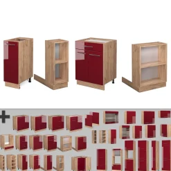 Kücheninsel Fame-Line Bordeaux Hochglanz/Goldkraft Eiche 90 cm mit Schublade, ohne Arbeitsplatte Vicco