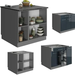 Kücheninsel Fame-Line Dunkelblau Hochglanz 90 cm mit Schublade, ohne Arbeitsplatte Vicco