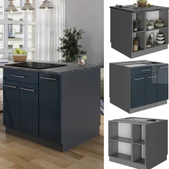 Kücheninsel Fame-Line Dunkelblau Hochglanz 90 cm mit Schublade, ohne Arbeitsplatte Vicco