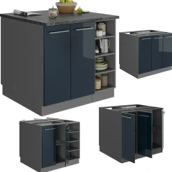 Kücheninsel Fame-Line Dunkelblau Hochglanz/Anthrazit 90 cm ohne Arbeitsplatte Vicco