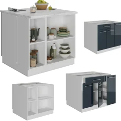 Kücheninsel Fame-Line Dunkelblau Hochglanz 90 cm mit Schublade, ohne Arbeitsplatte Vicco