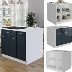 Kücheninsel Fame-Line Dunkelblau Hochglanz 90 cm mit Schublade, ohne Arbeitsplatte Vicco