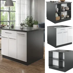 Kücheninsel Fame-Line Weiß Hochglanz/Anthrazit 90 cm mit Schublade, ohne Arbeitsplatte Vicco