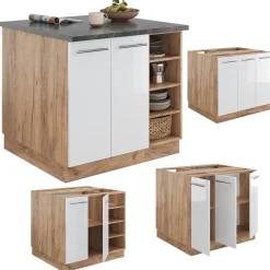 Kücheninsel Fame-Line Weiß Hochglanz/Goldkraft Eiche 90 cm ohne Arbeitsplatte Vicco