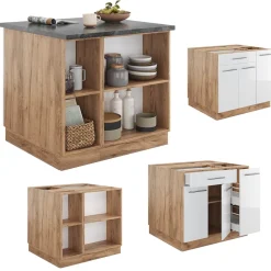 Kücheninsel Fame-Line Weiß Hochglanz/Goldkraft Eiche 90 cm mit Schublade, ohne Arbeitsplatte Vicco