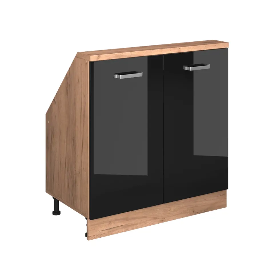 Küchenschrank für Dachschrägen R-Line Schwarz Hochglanz 80 cm mit 2 Türen Vicco