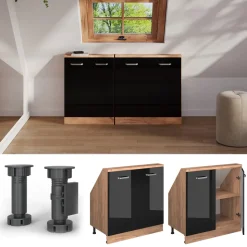 Küchenschrank für Dachschrägen R-Line Schwarz Hochglanz 80 cm mit 2 Türen Vicco