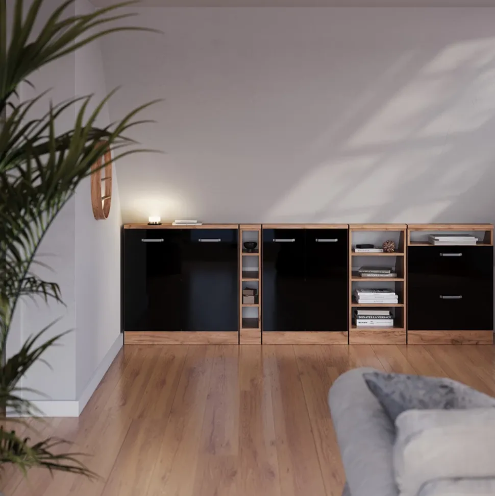 Küchenschrank für Dachschrägen R-Line Schwarz Hochglanz 80 cm mit 2 Türen Vicco