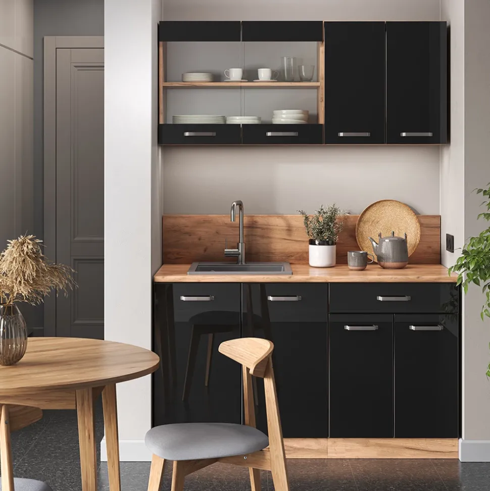 Küchenschrank für Dachschrägen R-Line Schwarz Hochglanz 80 cm mit 2 Türen Vicco