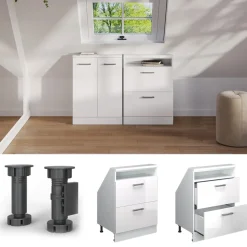 Küchenschrank für Dachschrägen R-Line Weiß Hochglanz 60 cm mit 2 Schubladen Vicco