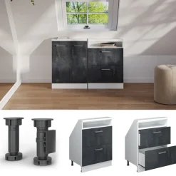 Küchenschrank für Dachschrägen R-Line Schwarz Beton 60 cm mit 2 Schubladen Vicco