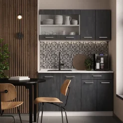 Küchenschrank für Dachschrägen R-Line Schwarz Beton 60 cm mit 2 Schubladen Vicco