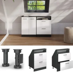 Küchenschrank für Dachschrägen R-Line Weiß Hochglanz 60 cm mit 2 Schubladen Vicco