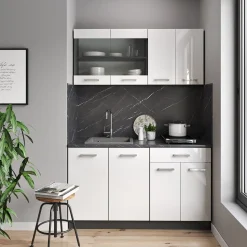 Küchenschrank für Dachschrägen R-Line Weiß Hochglanz 60 cm mit 2 Schubladen Vicco