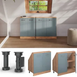 Küchenschrank für Dachschrägen R-Line Blau-Grau 80 cm mit 2 Türen Vicco