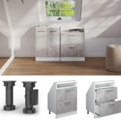 Küchenschrank für Dachschrägen R-Line Beton 60 cm mit 2 Schubladen Vicco