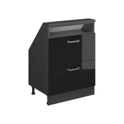 Küchenschrank für Dachschrägen R-Line Schwarz Hochglanz 60 cm mit 2 Schubladen Vicco