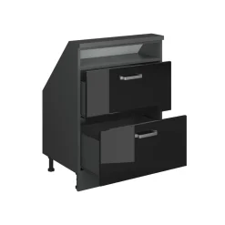 Küchenschrank für Dachschrägen R-Line Schwarz Hochglanz 60 cm mit 2 Schubladen Vicco