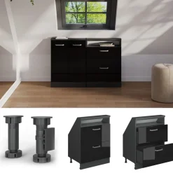 Küchenschrank für Dachschrägen R-Line Schwarz Hochglanz 60 cm mit 2 Schubladen Vicco