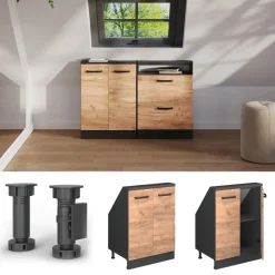 Küchenschrank für Dachschrägen R-Line Goldkraft Eiche 60 cm mit 2 Türen Vicco