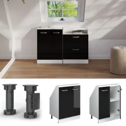 Küchenschrank für Dachschrägen R-Line Schwarz Hochglanz 60 cm mit 2 Türen Vicco