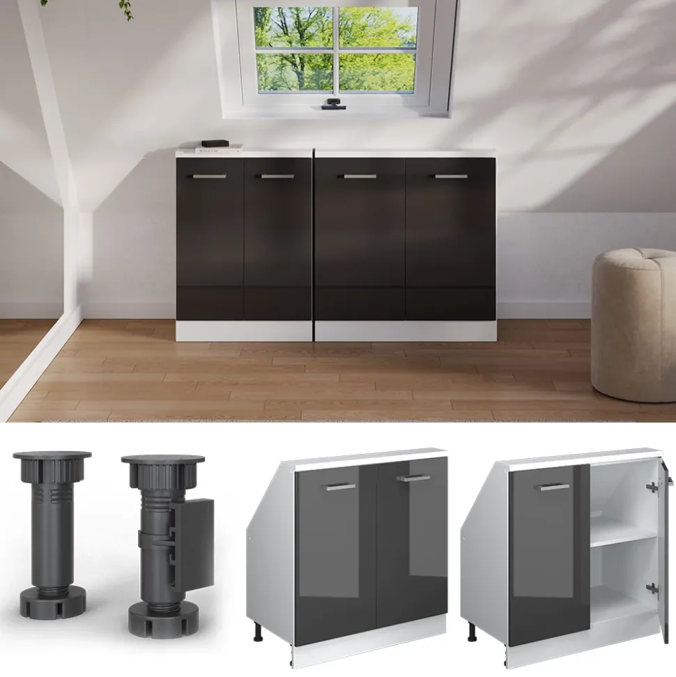 Küchenschrank für Dachschrägen R-Line Anthrazit Hochglanz 80 cm mit 2 Türen Vicco