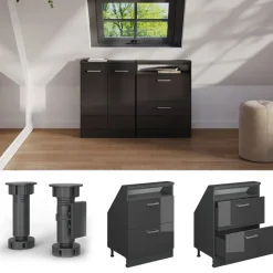 Küchenschrank für Dachschrägen R-Line Anthrazit Hochglanz 60 cm mit 2 Schubladen Vicco