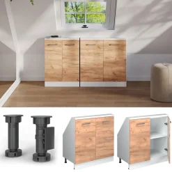 Küchenschrank für Dachschrägen R-Line Goldkraft Eiche 80 cm mit 2 Türen Vicco