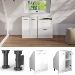 Küchenschrank für Dachschrägen R-Line Weiß Hochglanz 60 cm mit 2 Türen Vicco