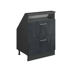 Küchenschrank für Dachschrägen R-Line Schwarz Beton 60 cm mit 2 Schubladen Vicco